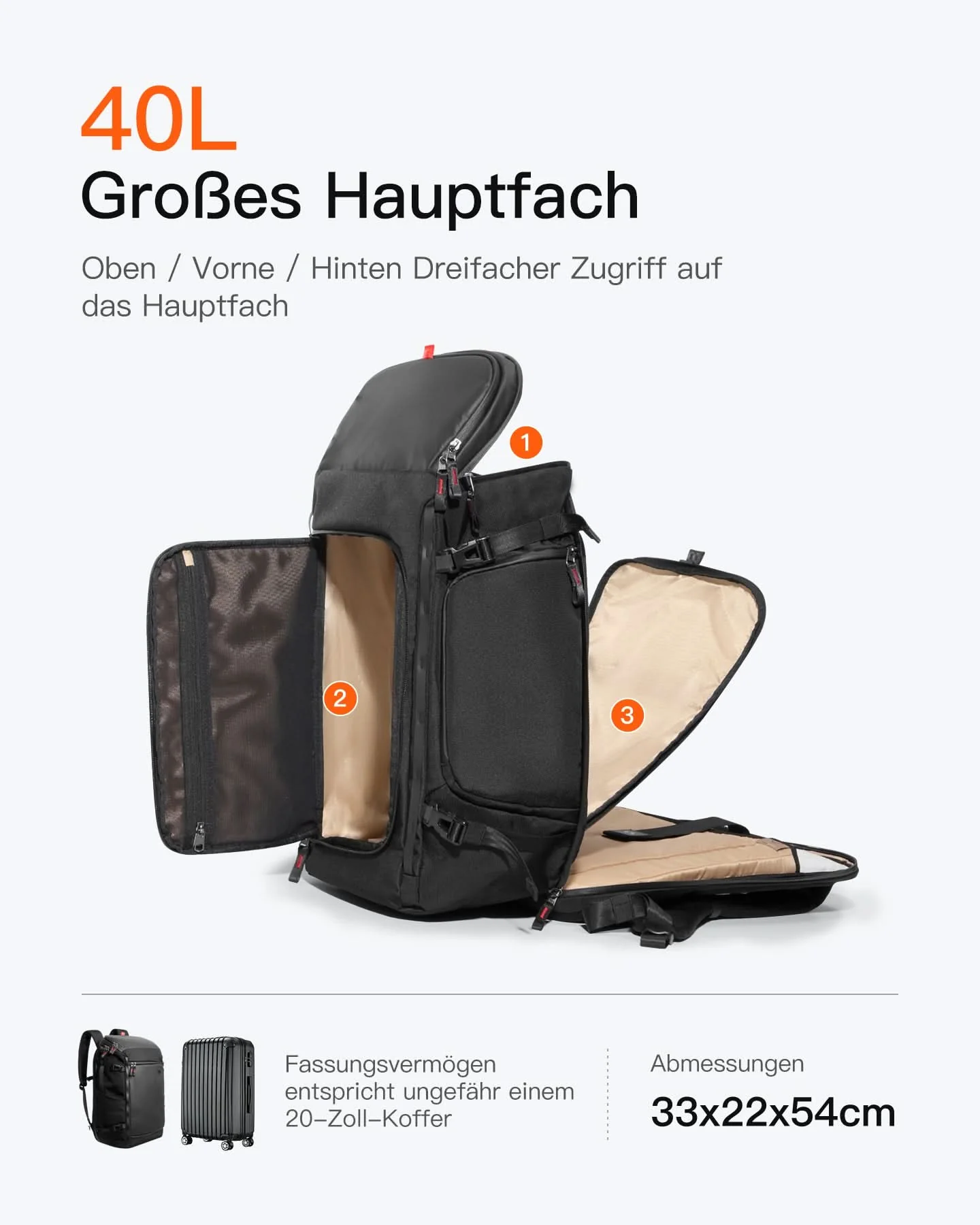 Handgepäck Rucksack 40L, TSA Freundlich Groß Reiserucksack Spritzwassergeschützt Travel Backpack für 17 Zoll Laptop, BPX31 - Image 5