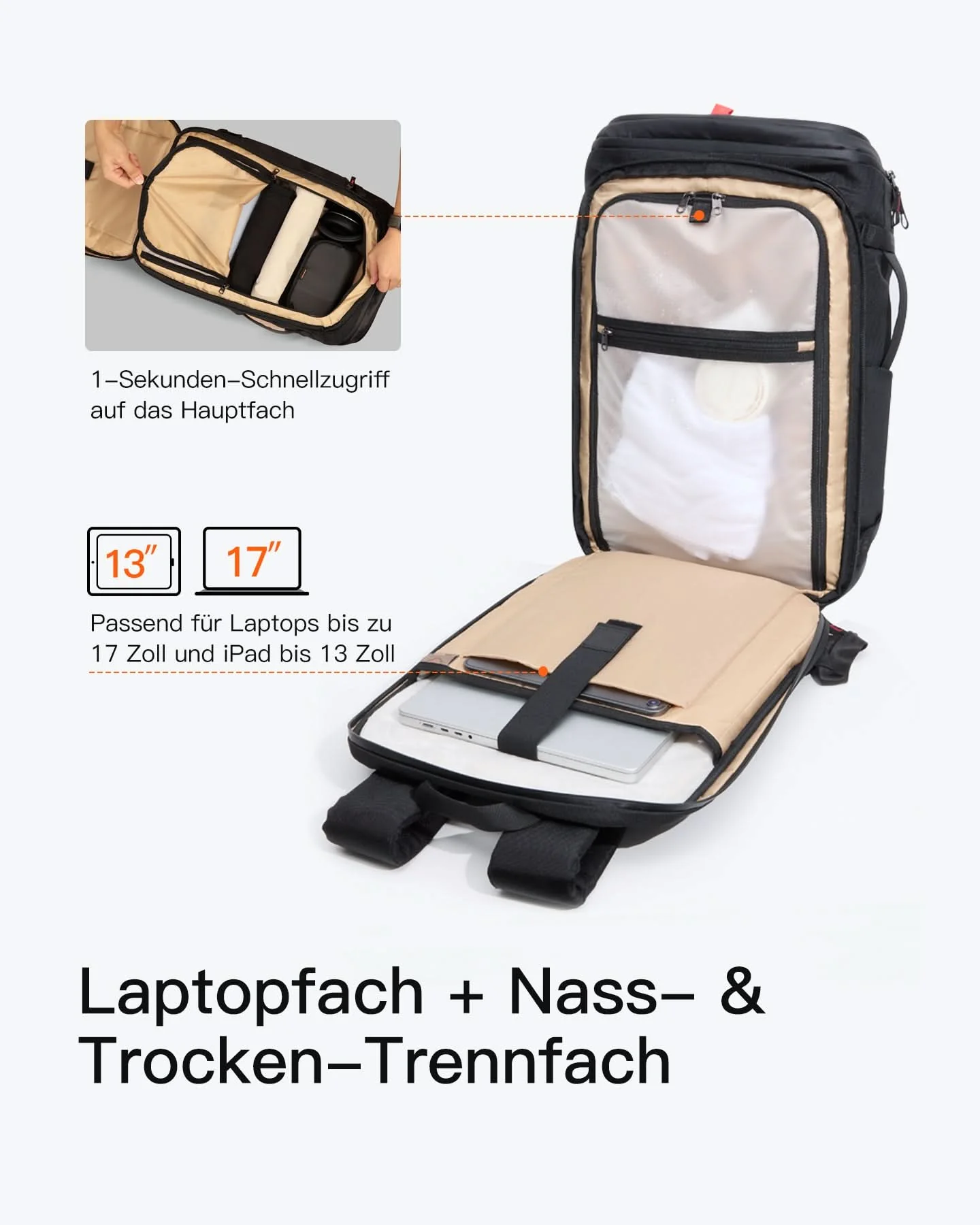 Handgepäck Rucksack 40L, TSA Freundlich Groß Reiserucksack Spritzwassergeschützt Travel Backpack für 17 Zoll Laptop, BPX31 - Image 6