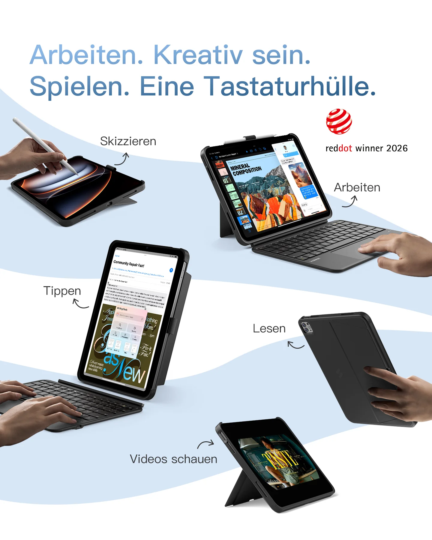 Inateck Abnehmbar Hülle mit Tastatur für iPad Air 11 Zoll(2026/2025/2024), iPad Air 5/4,für iPad Pro 11 Zoll, QWERTZ, AceTouch Pro, KB403-11A | Red Dot Design Award 2026 - Image 6